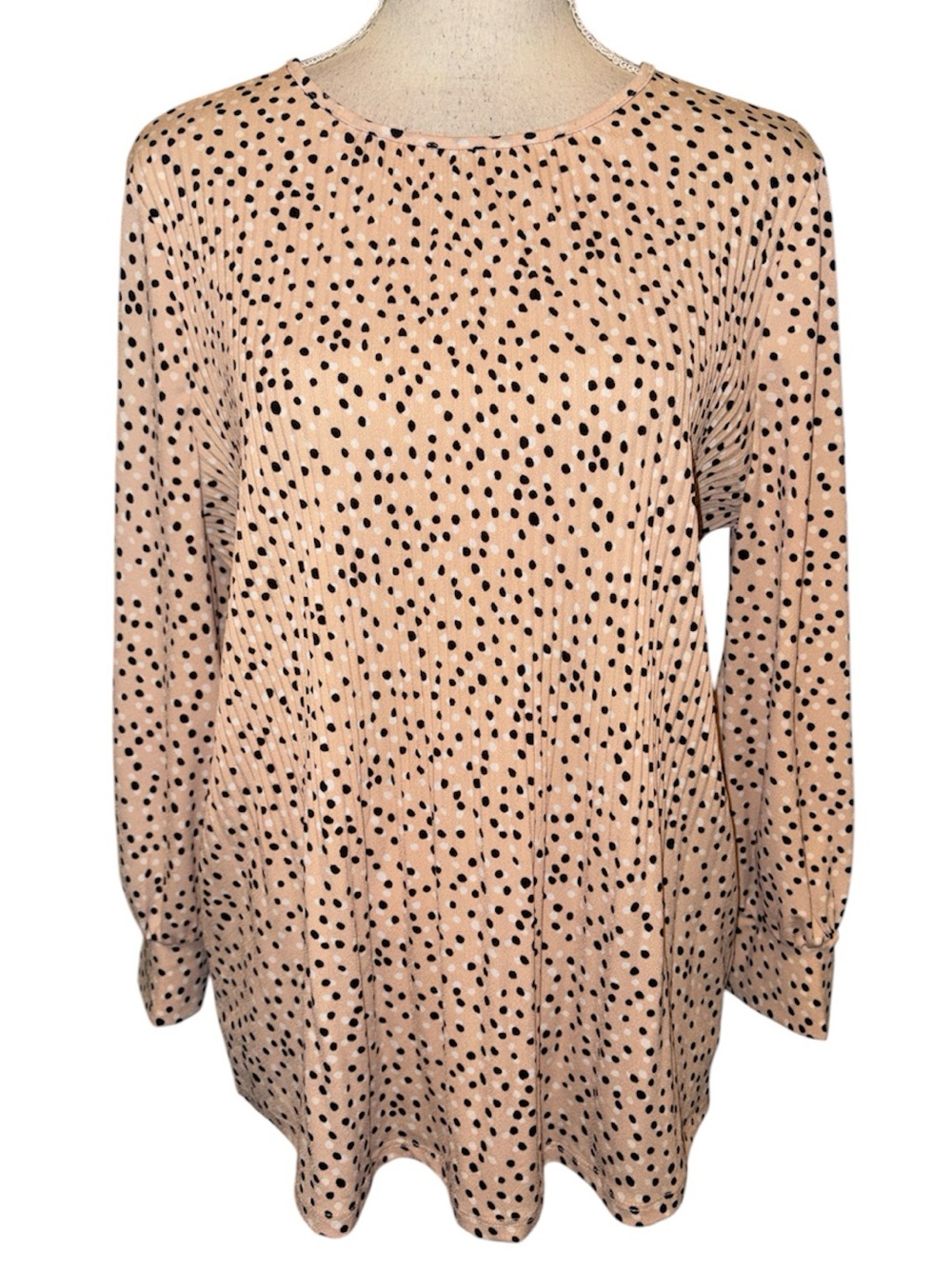 Adrianna Papell Pink Long Sleeve Polka Dot Ribbed Pleated Top Shirt